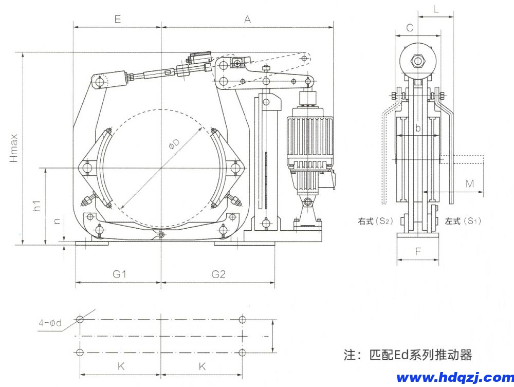 YWZ9(YWZ5)型電力液壓鼓式制動器外形尺寸圖 YWZ9(YWZ5)型電力液壓鼓式制動器外形尺寸圖